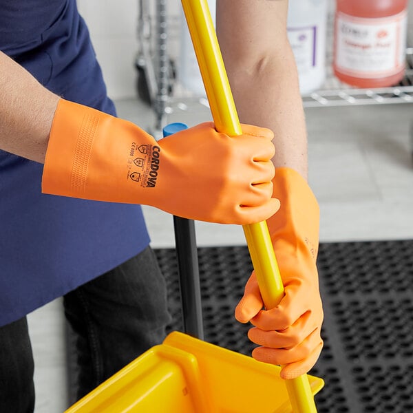 Cordova Neoprene / Latex Rubber Orange 12" Premium 28 Mil Gloves with Flock Lining - 12/Pack
