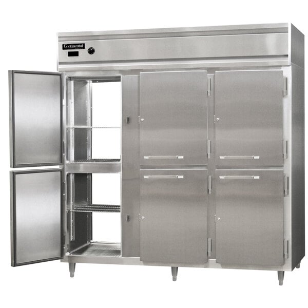 A Continental half solid door pass-through heated holding cabinet with open doors.