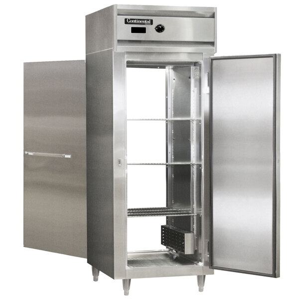 A stainless steel Continental holding cabinet with solid doors open.