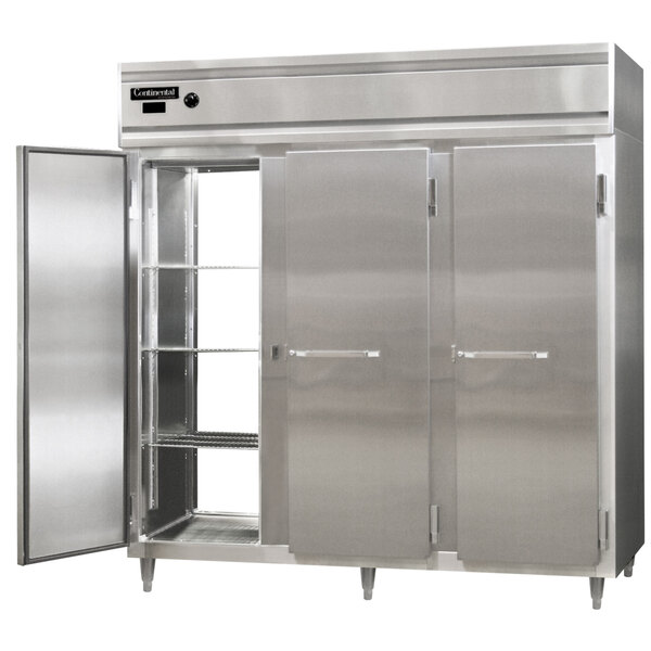 A stainless steel Continental pass-through heated holding cabinet with two doors.