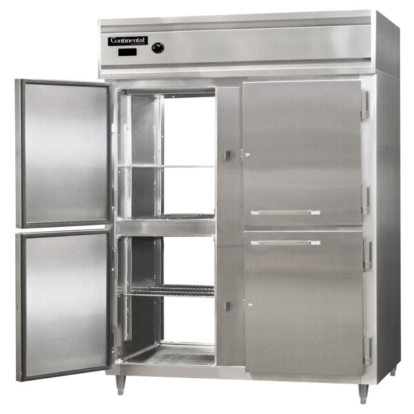 A stainless steel Continental pass-through holding cabinet with two silver doors.