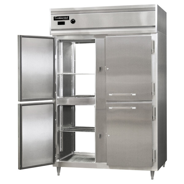 A large stainless steel Continental pass-through heated holding cabinet with half solid doors.