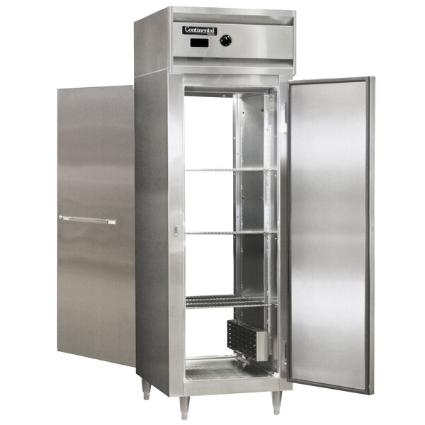 A stainless steel Continental pass-through heated holding cabinet with two open doors.