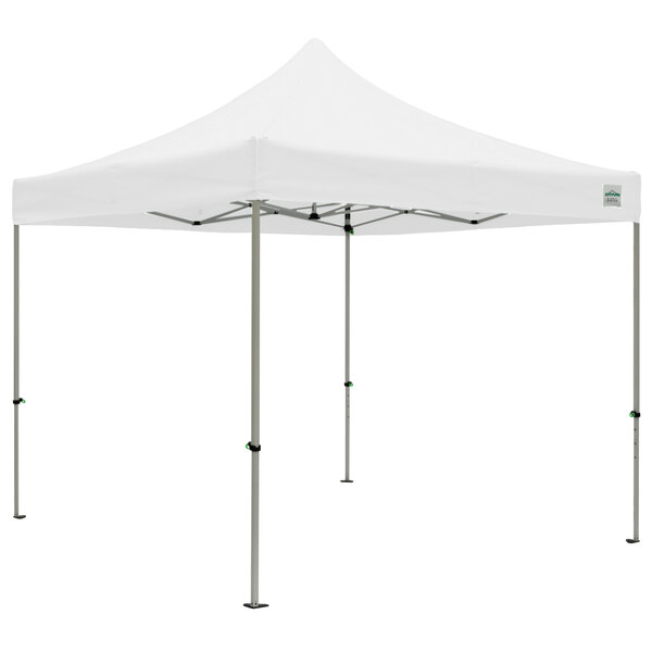A white Caravan Canopy tent with poles and a triangular top.