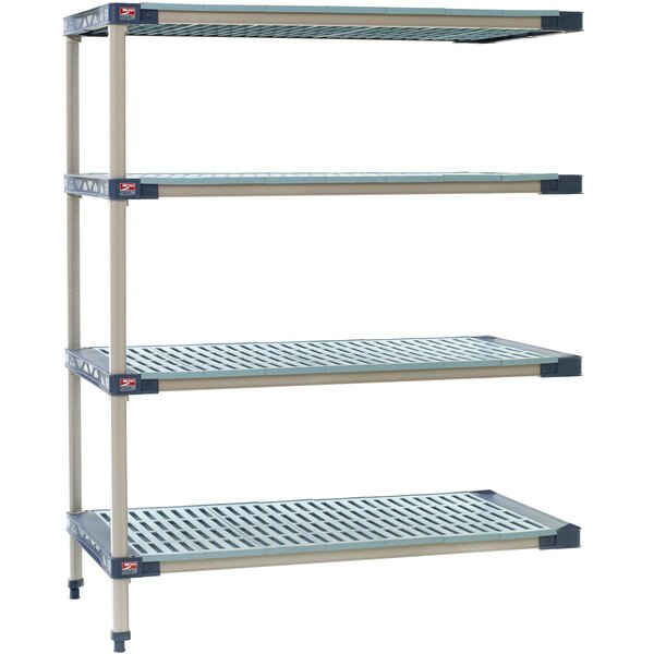 A MetroMax 4 stationary shelving add on unit with two shelves on a metal surface.