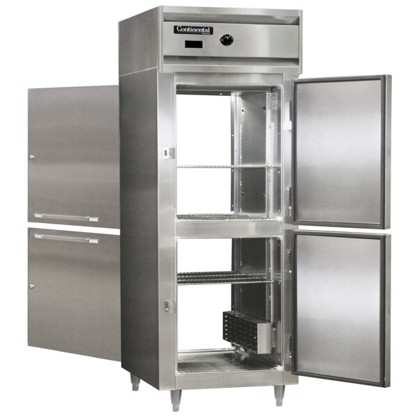 The open half solid door on a stainless steel Continental holding cabinet.
