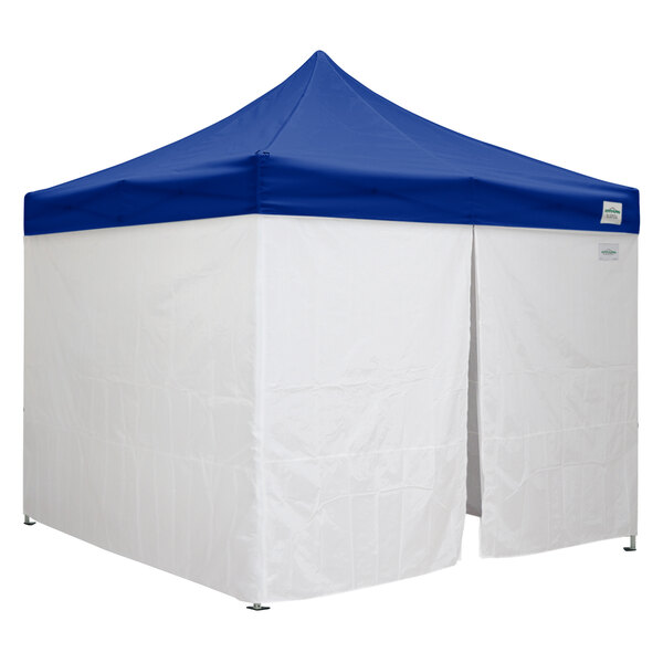 A blue tent top with a white background and white side walls.