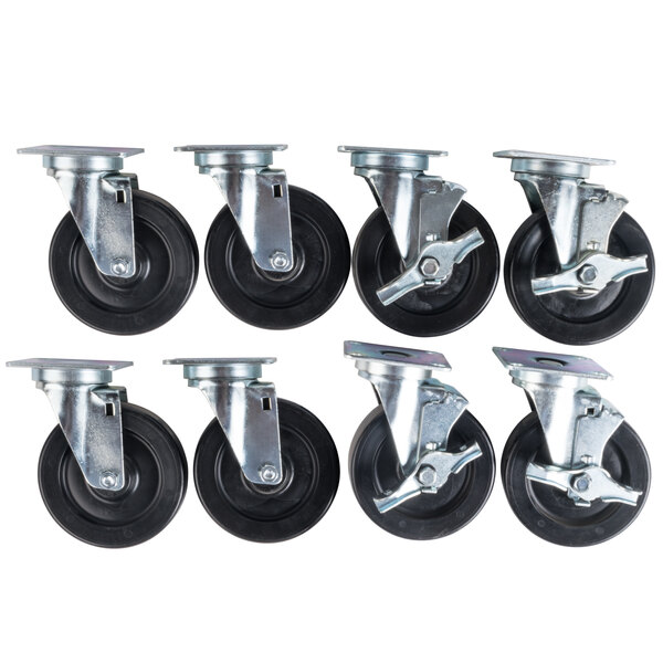A set of 5" casters with metal wheels and black rubber wheels.