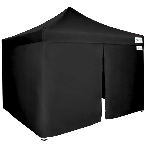 A black Caravan Canopy Alumashade tent with two doors open.