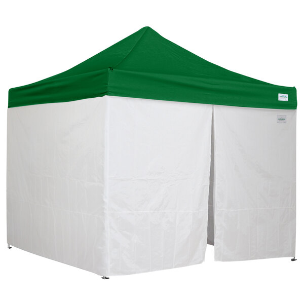 A green Caravan Canopy with white trim on top.