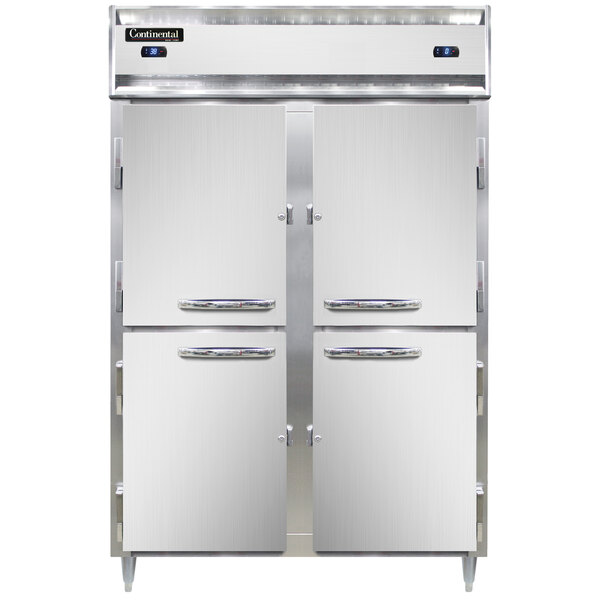 A Continental dual temperature reach-in refrigerator/freezer with a white cabinet and black border.