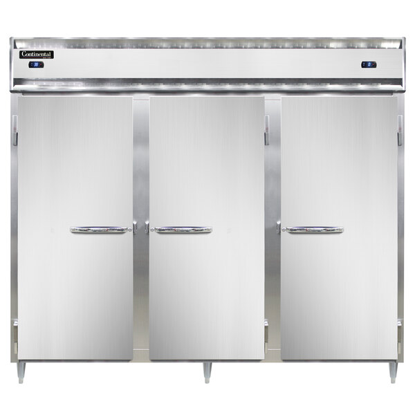 A Continental DL3RRFE refrigerator with three open stainless steel doors.
