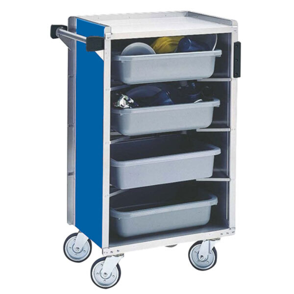 A blue and silver Lakeside stainless steel enclosed bussing cart with three plastic bins on it.