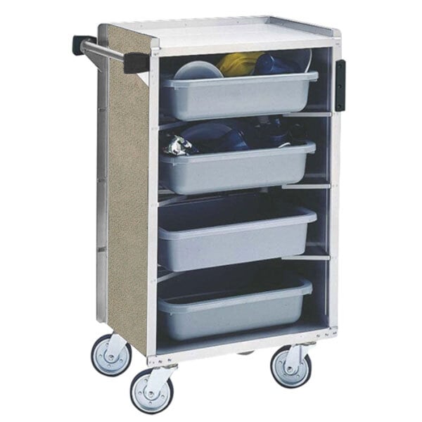 A Lakeside stainless steel bussing cart with beige finish holding three white rectangular containers.
