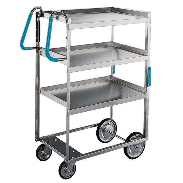 A Lakeside stainless steel three shelf utility cart with blue handles.