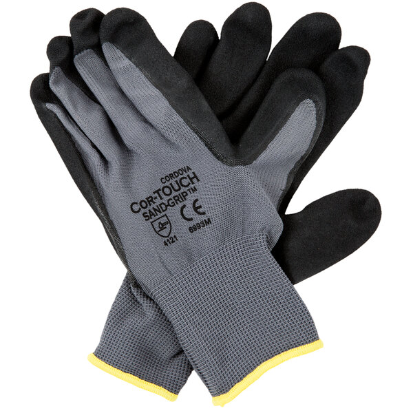 Cordova Cor-Touch Sand Grip Gray Polyester / Nylon Grip Gloves with Black Sandy Nitrile Palm Coating - Medium - 12/Pack