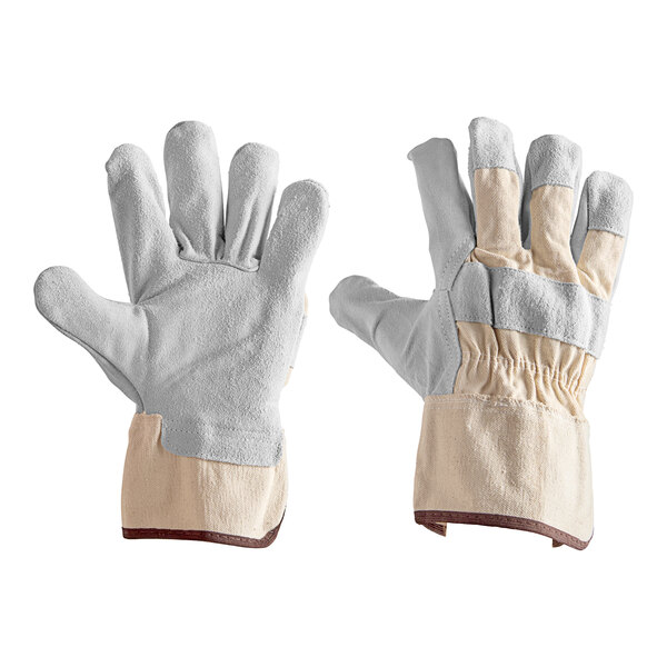 Cordova Men's White Canvas Work Gloves with Gray Shoulder Split Leather Palm Coating and 2 1/2" Duck Cuffs - Vendpacked - Large - Pair