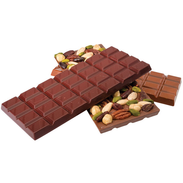 A chocolate bar with nuts in a Matfer Bourgeat chocolate bar mold.