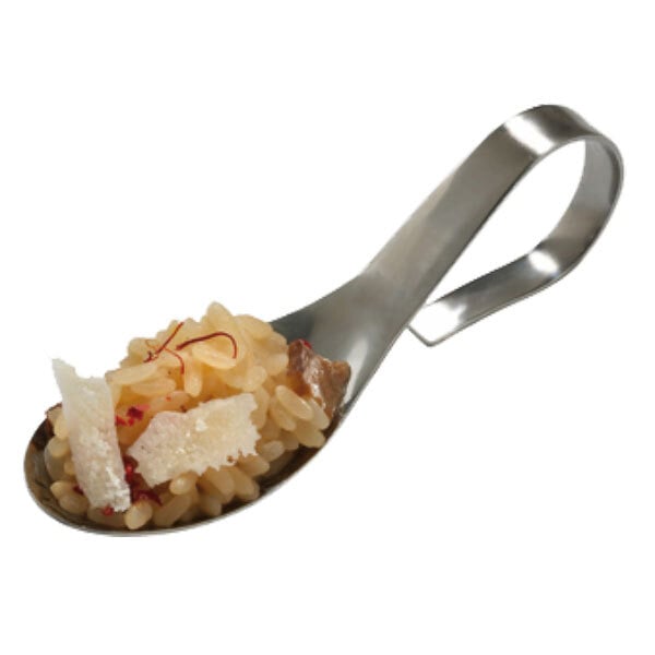 A Lebrun stainless steel tasting spoon with rice and cheese on it.