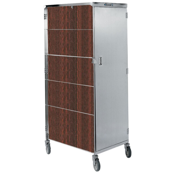 A stainless steel Lakeside tray cart with a walnut wood door.