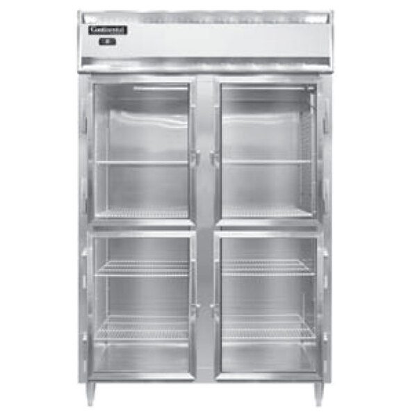 A Continental reach-in refrigerator with glass doors.