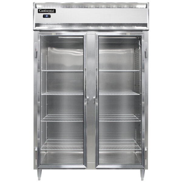 A Continental reach-in refrigerator with two glass doors.
