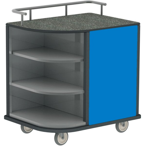 A Lakeside stainless steel self-serve hydration cart with royal blue laminate finish and three corner shelves on wheels.