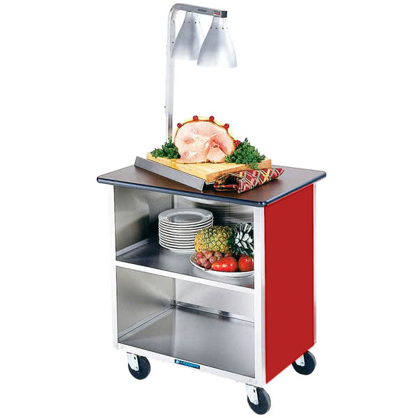 A red Lakeside utility cart with food on top.