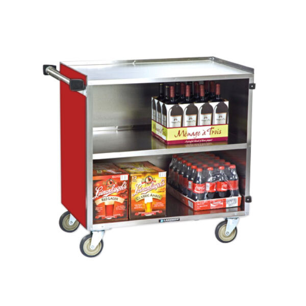 A Lakeside red metal utility cart with shelves holding boxes of soda and wine.