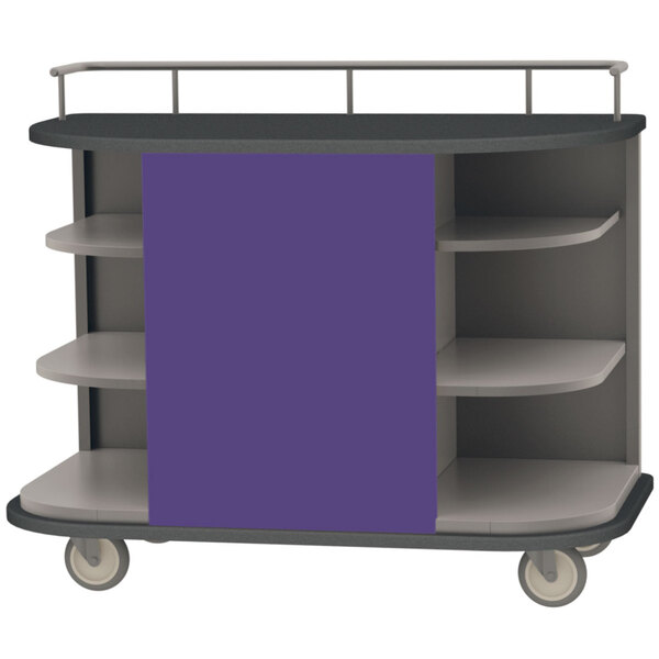A Lakeside serving cart with purple laminate shelves and stainless steel frame on wheels.