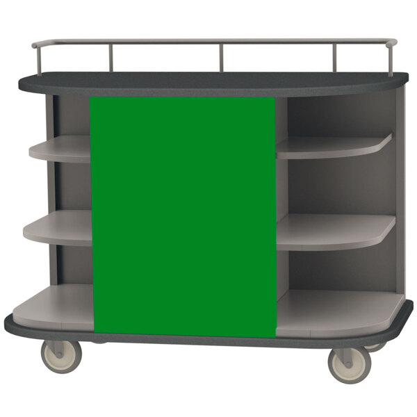 A Lakeside serving cart with green shelves on wheels.