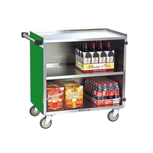 A Lakeside green stainless steel utility cart with shelves holding wine and drinks.