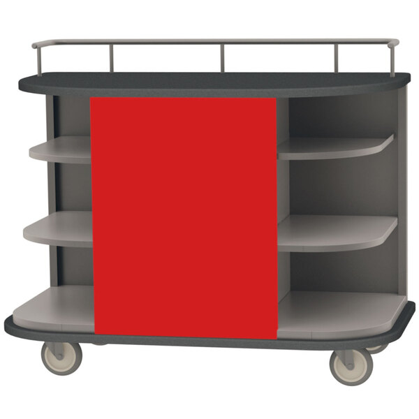 A Lakeside stainless steel self-serve hydration cart with red laminate shelves and a grey frame on wheels.