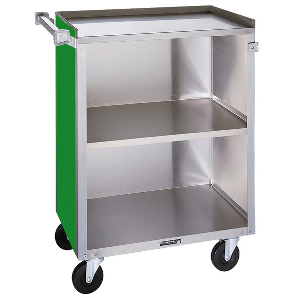 A green and silver Lakeside stainless steel utility cart with three shelves.