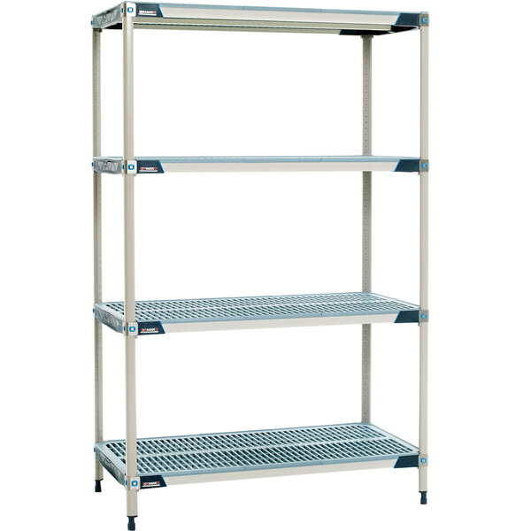 A MetroMax i polymer shelving unit with three tiers and two shelves.