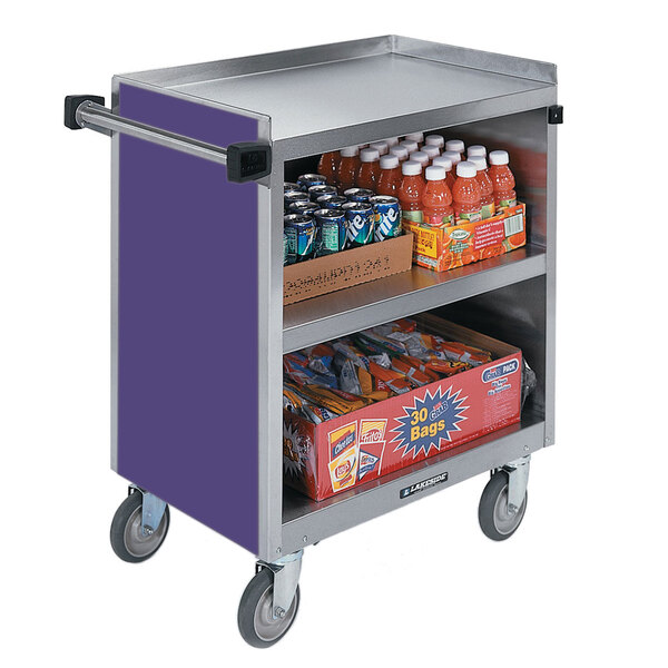 A Lakeside stainless steel utility cart with an enclosed purple base full of beverages.