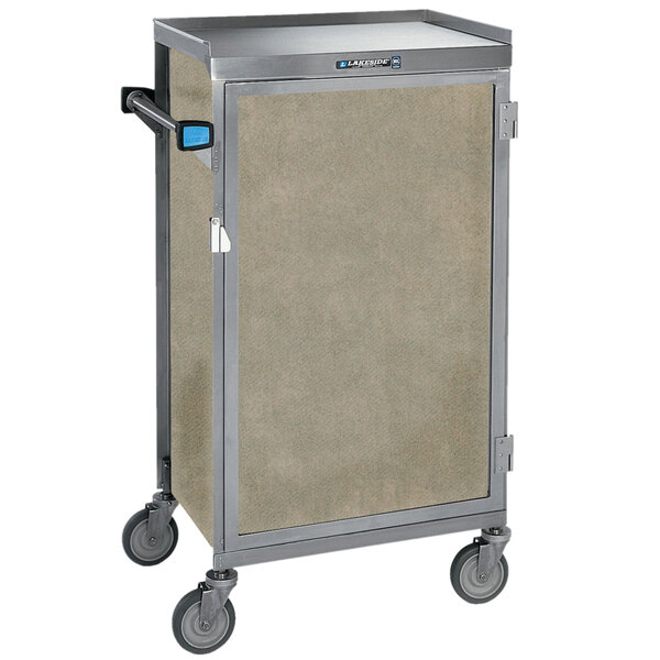 A Lakeside stainless steel meal delivery cart with six trays.
