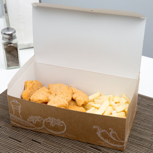 A Take Out Lunch Box with a Fresh print design filled with chicken nuggets and french fries on a table.