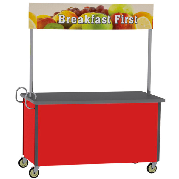 A red and grey Lakeside vending cart with a fruit design on it.