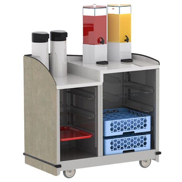 A Lakeside stainless steel cart with dual height top and two containers on it.