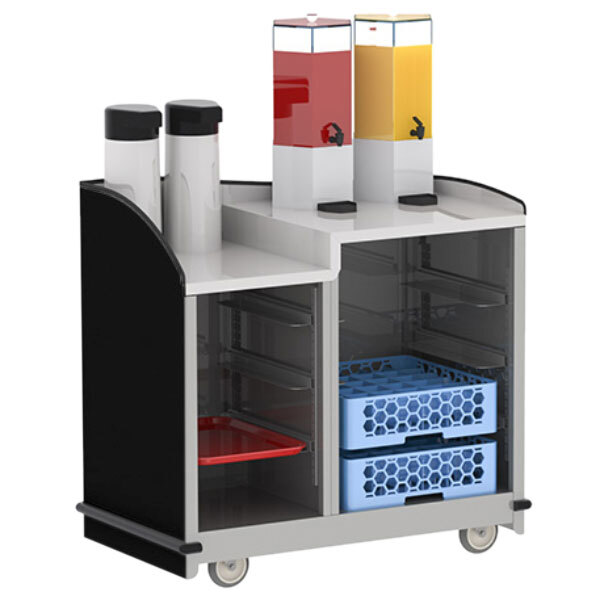 A black Lakeside full-service hydration cart with two trays and two bottles on top.