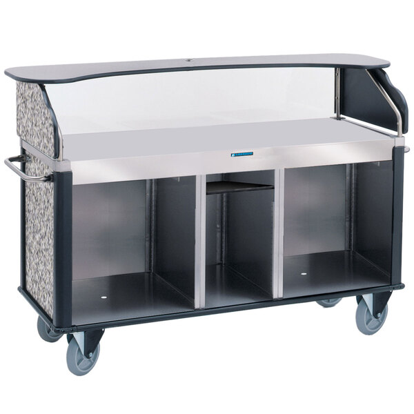 A Lakeside stainless steel vending cart with a flat countertop and gray sand laminate finish and black accents with two shelves.