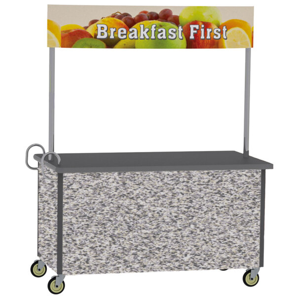 A Lakeside stainless steel vending cart with a gray sand laminate finish and fruit displayed on it.