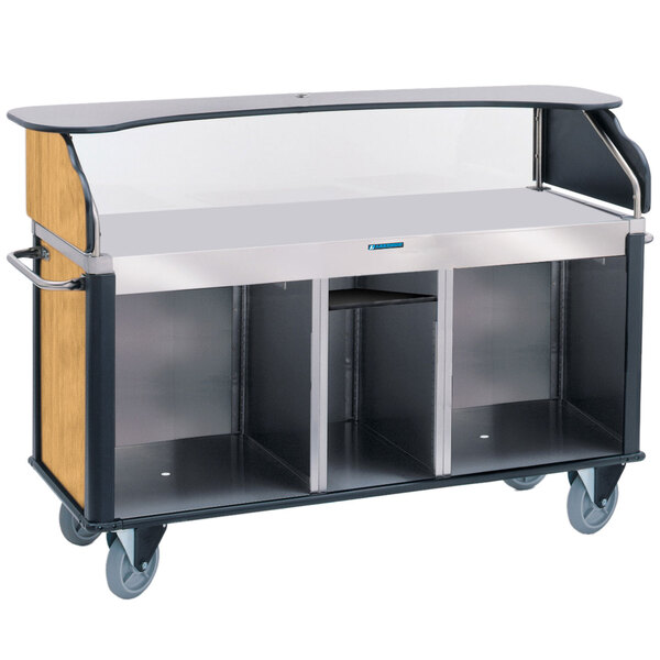 A stainless steel Lakeside vending cart with shelves.