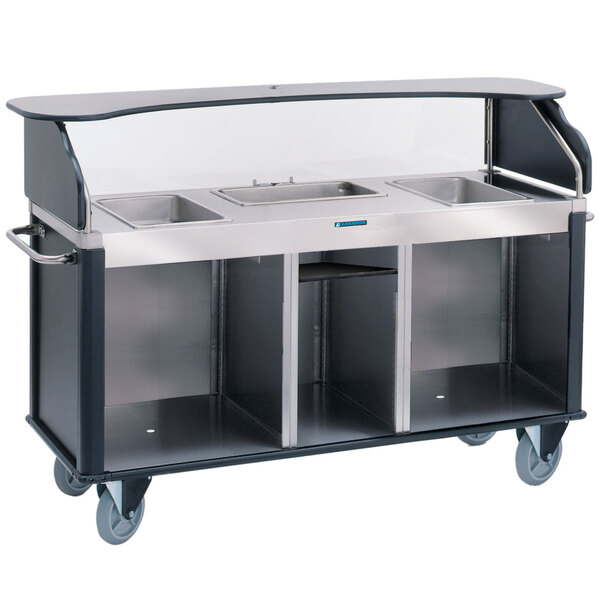A silver and black Lakeside vending cart with three counter wells.