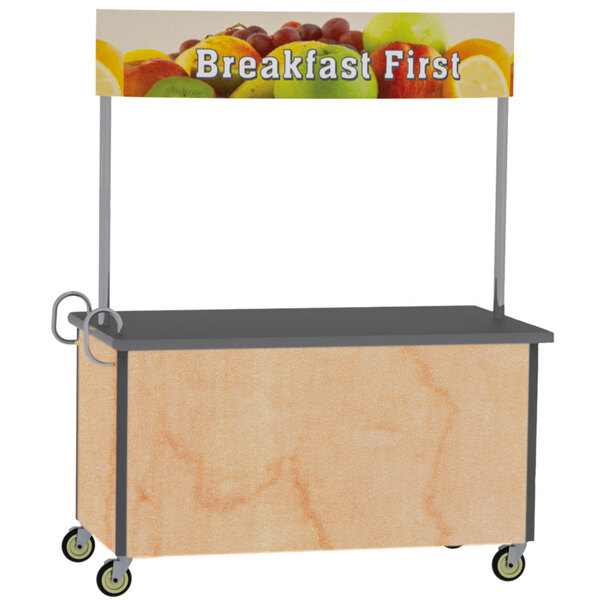 A Lakeside stainless steel vending cart with a hard rock maple laminate finish with fruit on it.