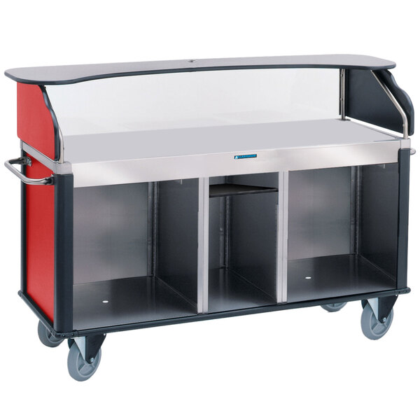 A red Lakeside vending cart with flat countertop and shelves.