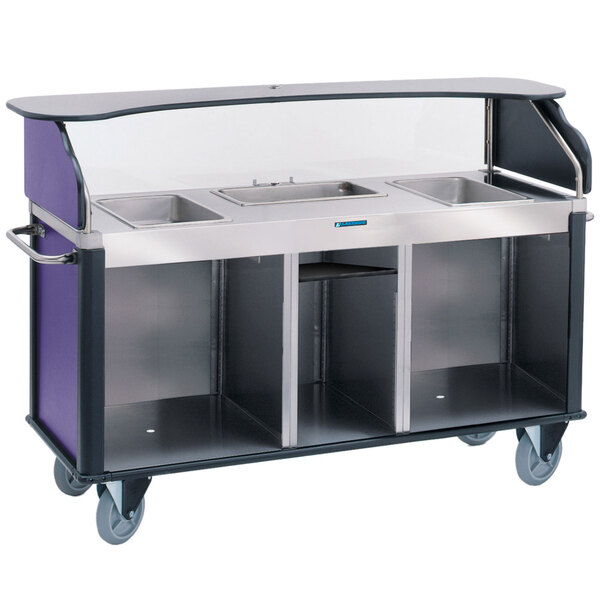 Lakeside 68220P Serv 'N Express Stainless Steel Vending Cart with 3 Counter Wells and Purple Laminate Finish - 28 1/4" x 77 1/4" x 52 1/2"