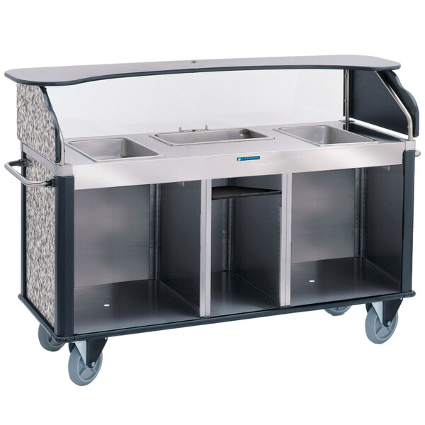 Lakeside 68220GS Serv 'N Express Stainless Steel Vending Cart with 3 Counter Wells and Gray Sand Laminate Finish - 28 1/4" x 77 1/4" x 52 1/2"