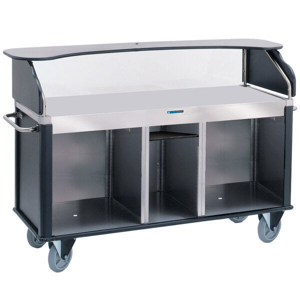 A large silver Lakeside vending cart with black accents and shelves.